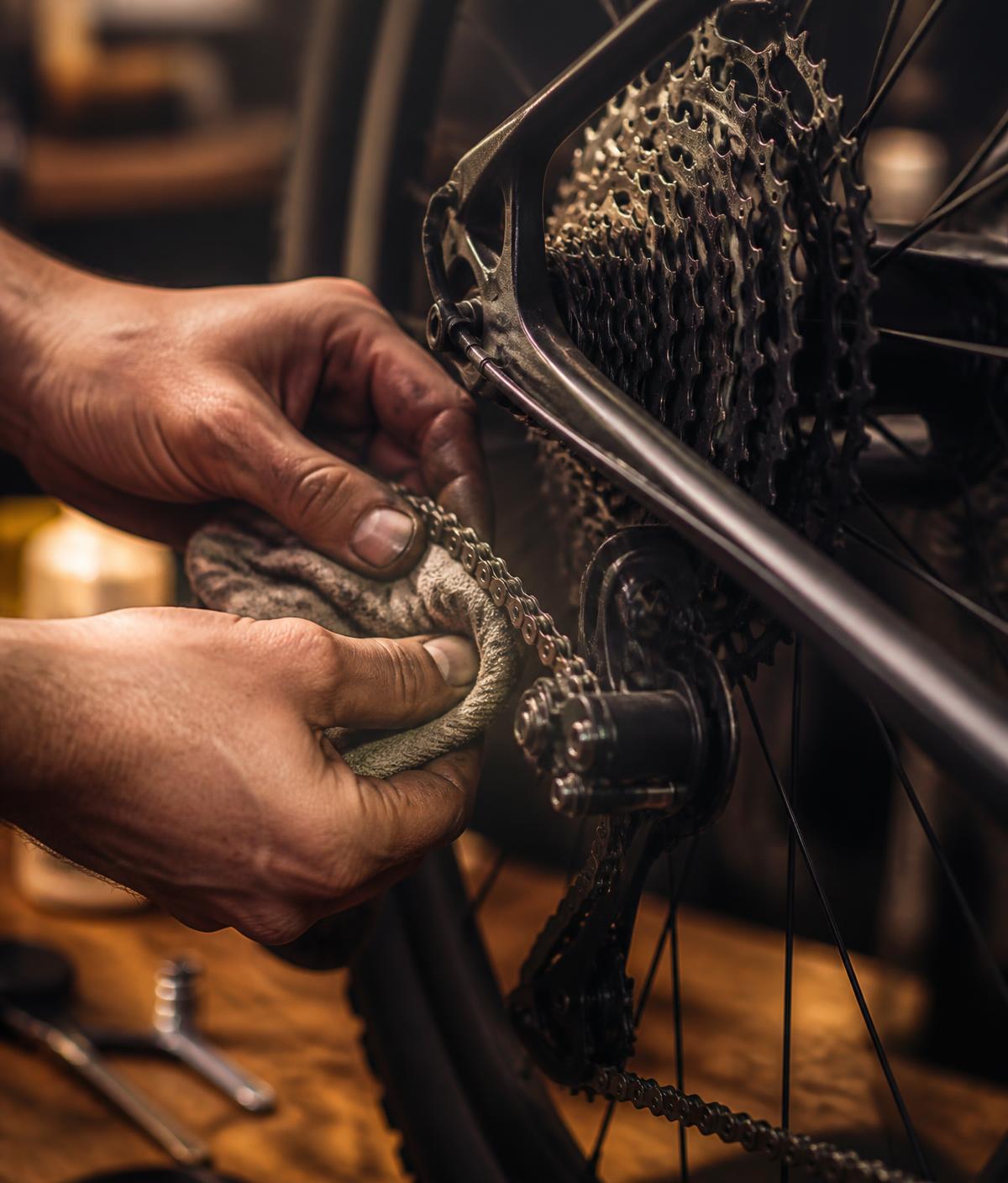 Mãos limpando a corrente de uma bicicleta em uma bancada de oficina