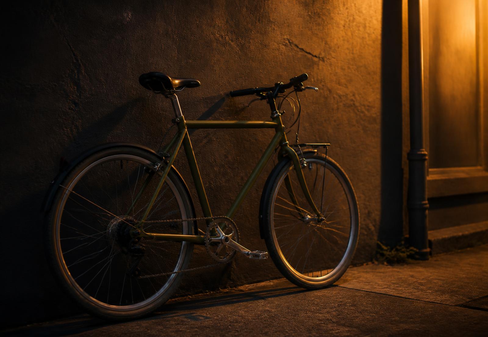 Bicicleta urbana verde-oliva encostada em uma parede iluminada por luz âmbar